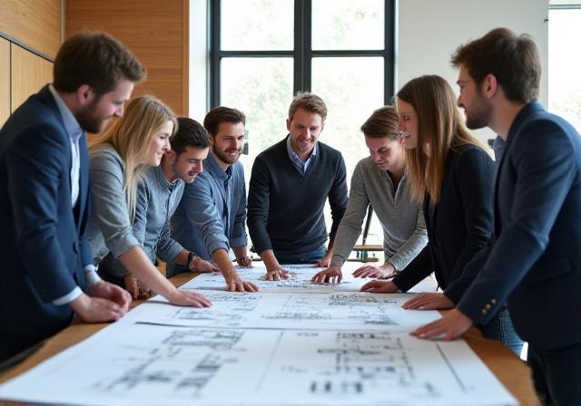 Team working in a collaborative, high-end design studio environment