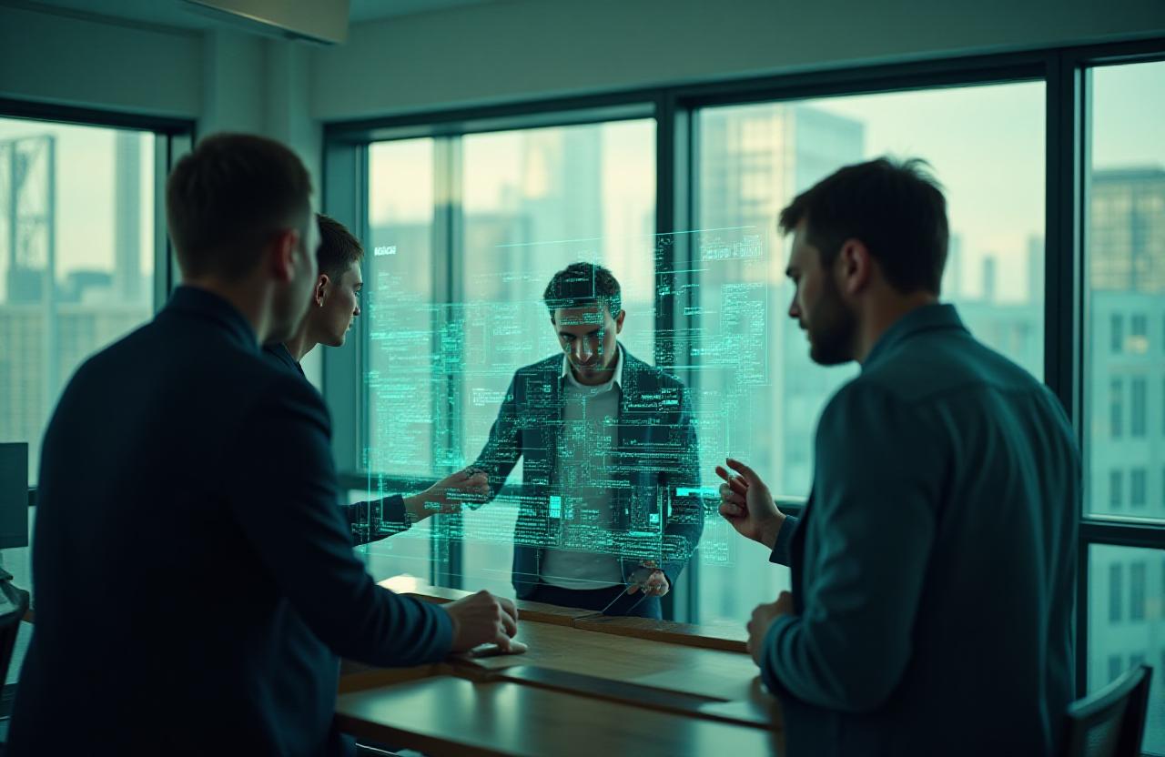 Engineering team collaborating on a high-tech framework in a sleek UK office